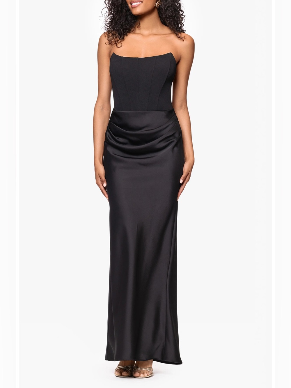NEW Betsy & Adam Strapless Black Mixed Media Gown, Size 4
